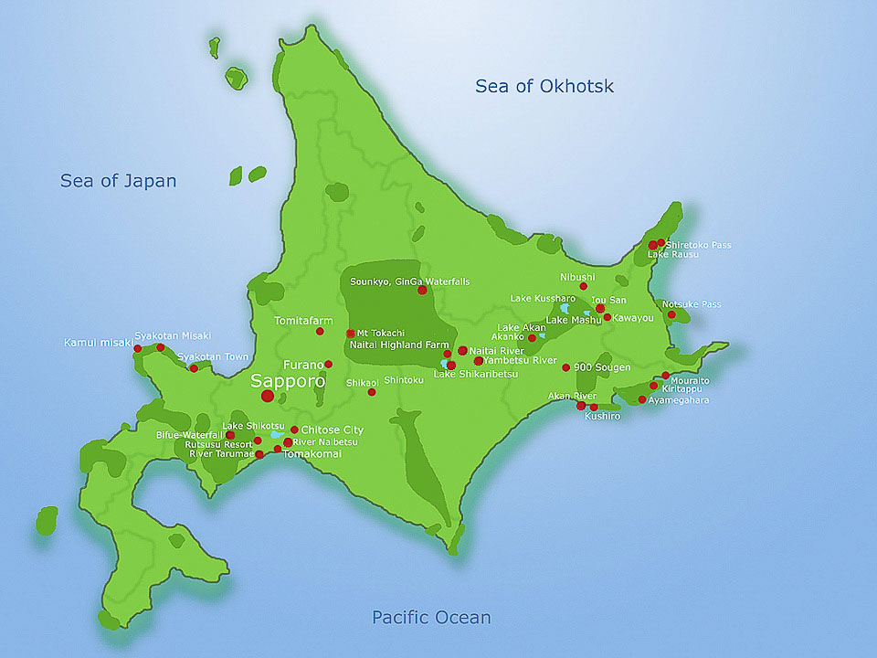 Die roten Punkte markieren die Stationen der Recherchereise in den sehenswerten Naturschutzgebieten von Hokkaido (Markierung dunkelgrün).  |  