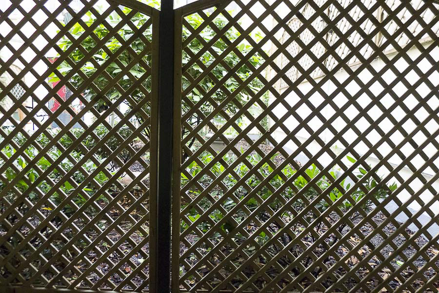 Vorher, Blick beim Eintritt in den Hofgarten | Ein Gitter schützt vor Blicken in die gegenüberliegende ebenerdige Wohnung. | 