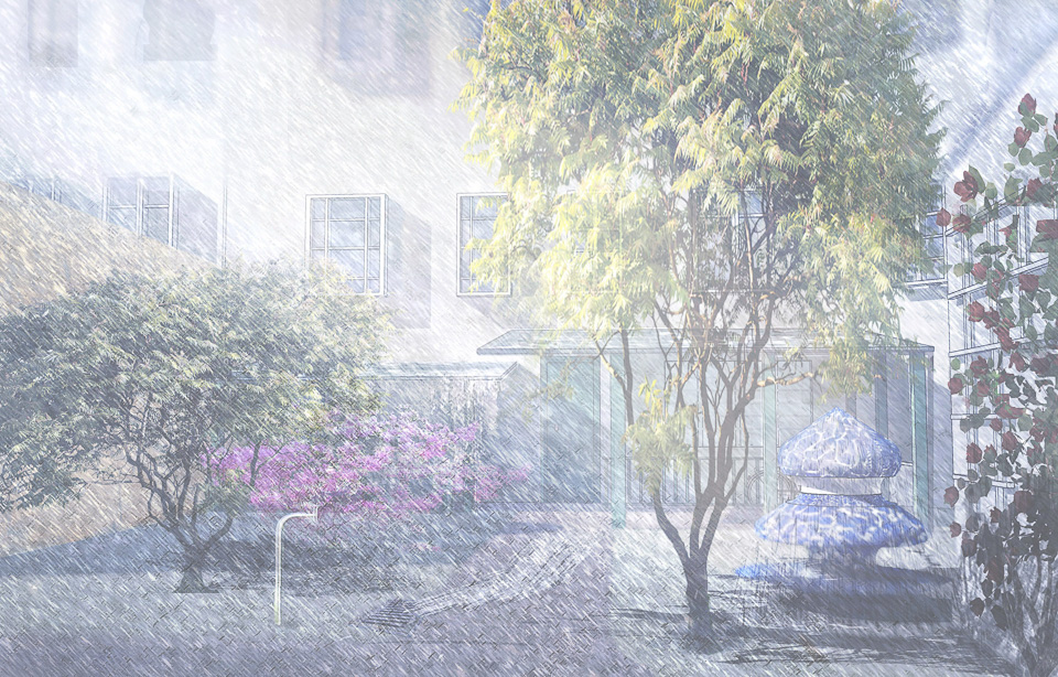 Garten im Regen mit Brunnenskulptur. | Image, Entworfen mit Sketchup, Photoshop. | Courtyard in the rain with fountain sculpture. Design. Developed with sketchup, photoshop.