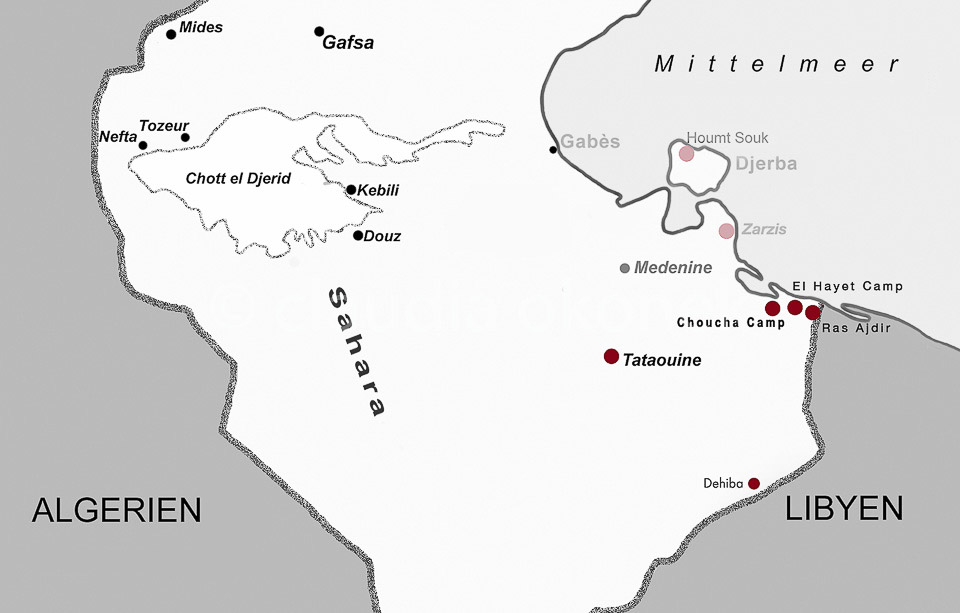 Karte, Transitlager | Tunesien Süden  |  Rot merkiert, die Transitlager in den Grenzen zu Libyen.